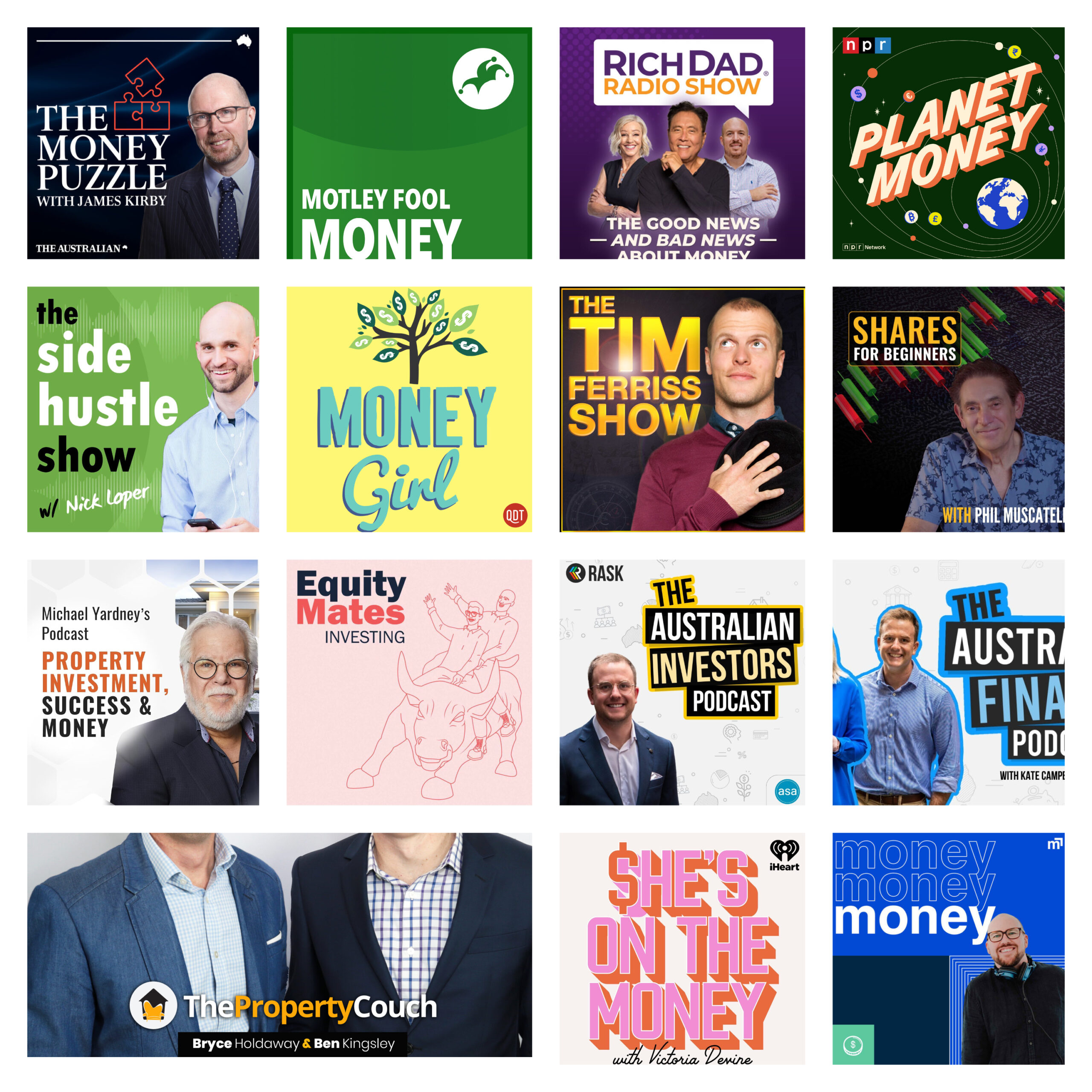 collage of podcast logos