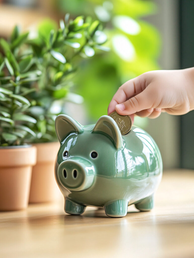 porcelain green piggy bank with someone putting a coin in it
