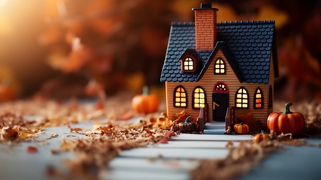 Toy house with pumpkins and autumn leaves.